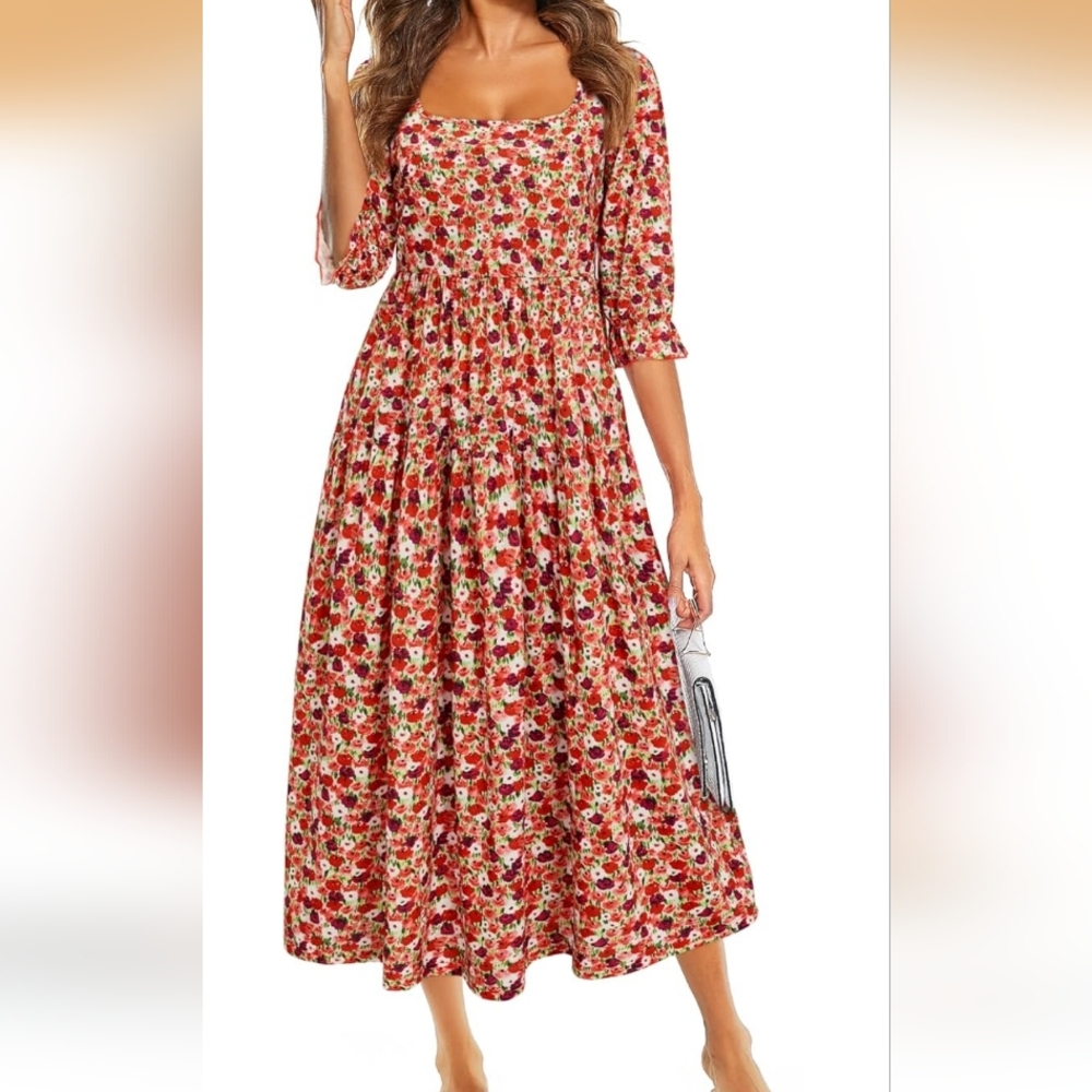 Floral Square-Neck Midi Dress - Red Multi